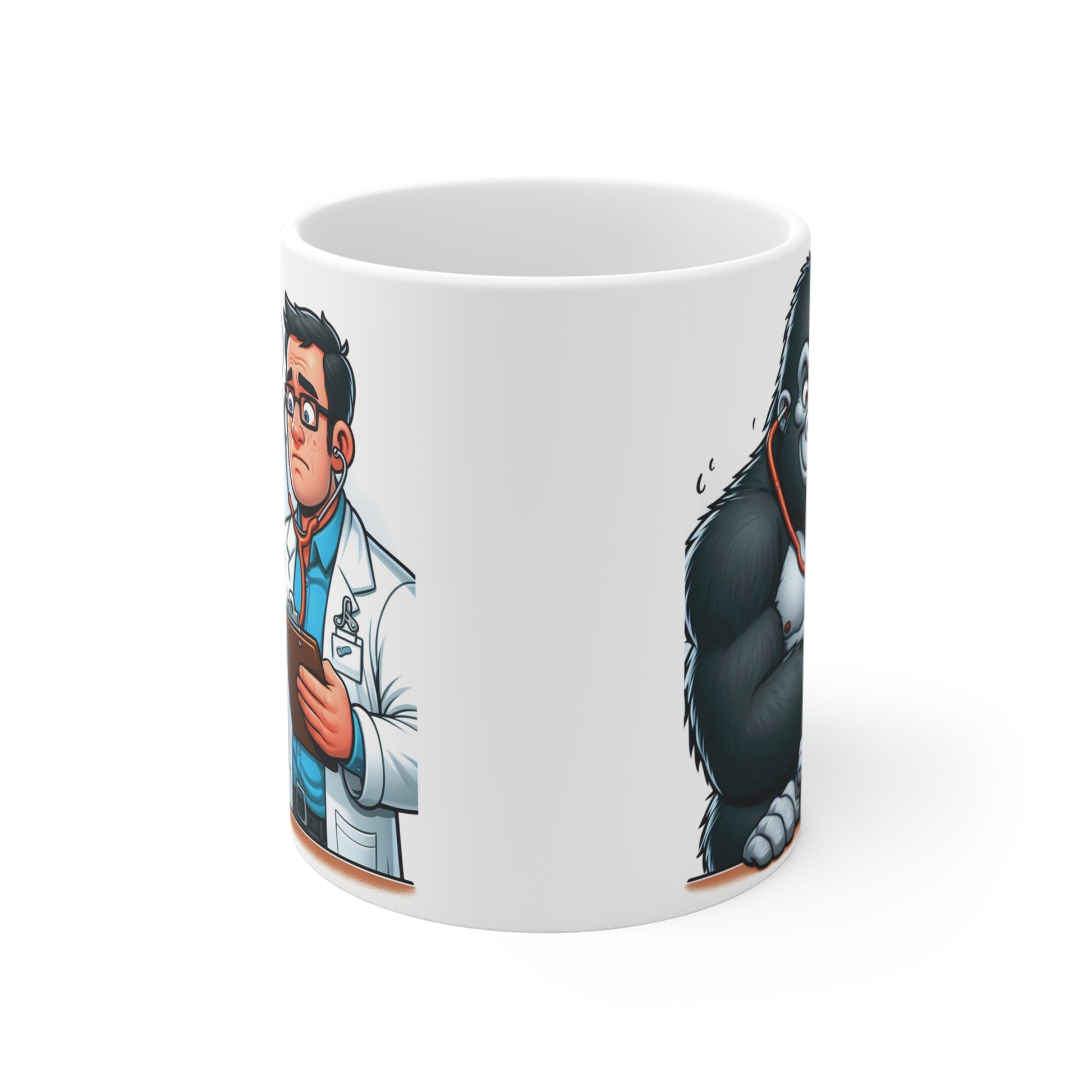 Humorous doctor and gorilla coffee mug with comic style medical checkup illustration, perfect novelty gift for healthcare workers and animal lovers.