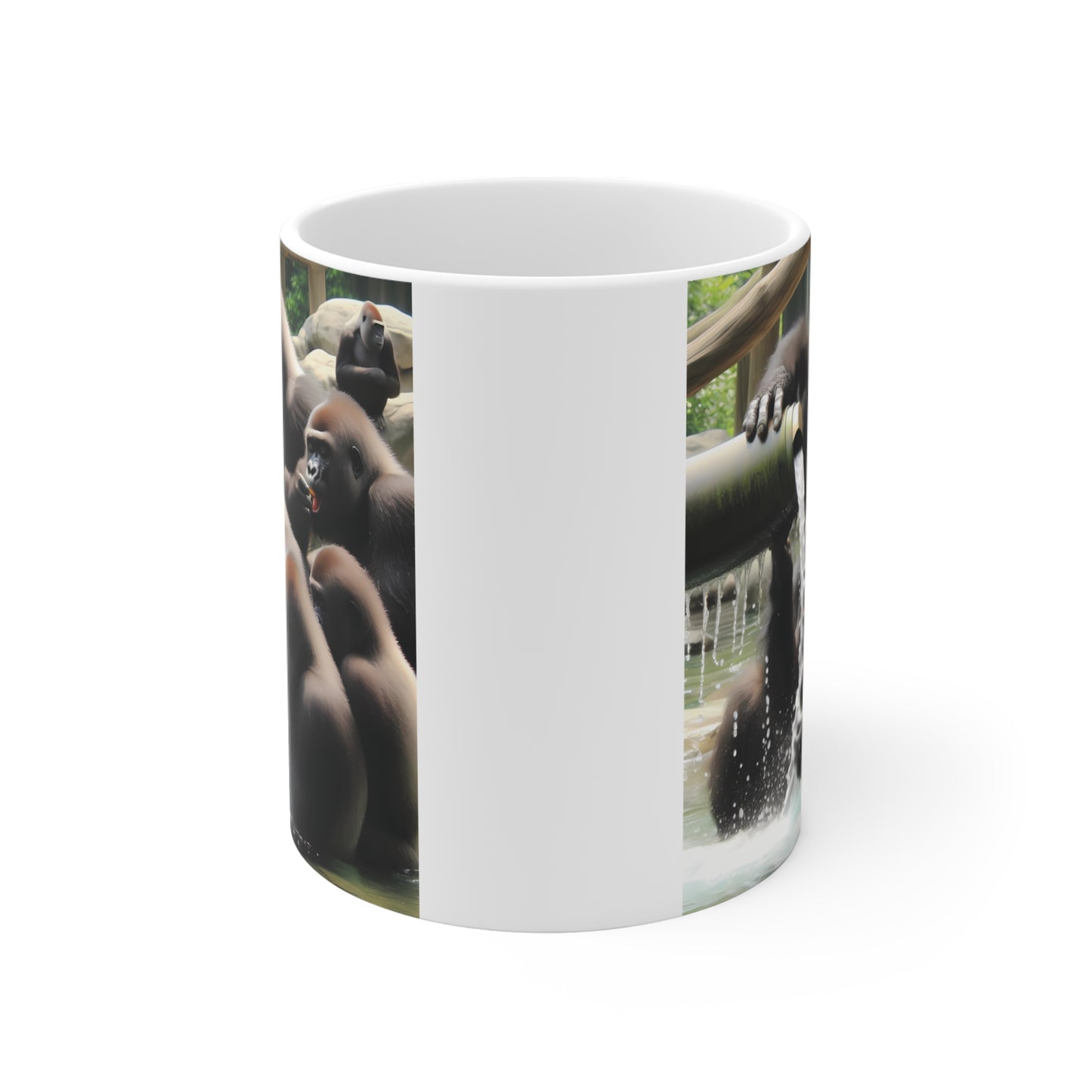 Cute gorilla animal mug design with playful ape family gathered around flowing water, perfect for wildlife and safari lovers.