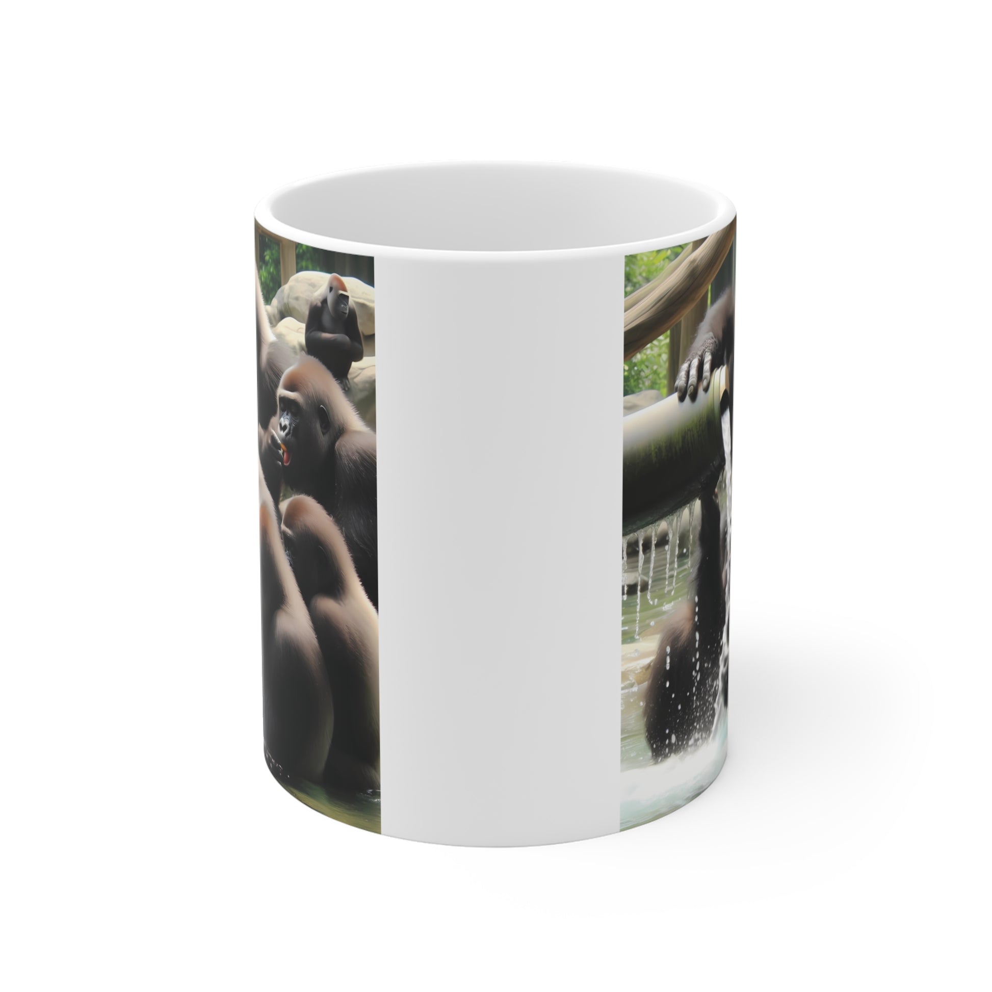 Cute gorilla animal mug design with playful ape family gathered around flowing water, perfect for wildlife and safari lovers.