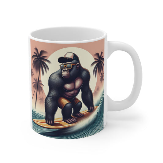 Cool surfing gorilla coffee mug with sunglasses and tropical beach waves, featuring retro summer vacation artwork.