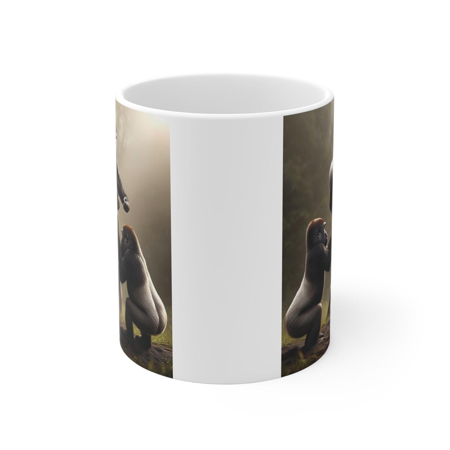 White ceramic mug with realistic gorilla family scene in a forest setting, showcasing dynamic ape action and detailed wildlife-inspired illustration.