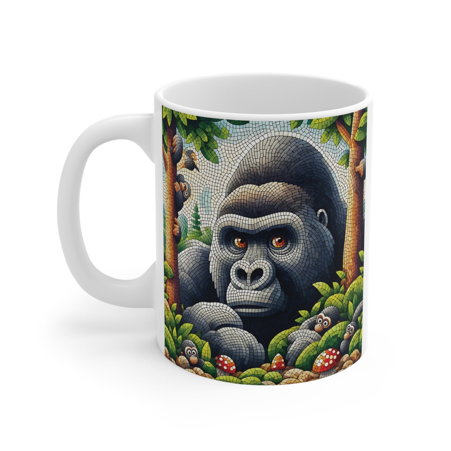 Silverback gorilla ceramic mug design with vibrant forest scenery, mosaic tile art style, and tropical wildlife illustration for nature-inspired drinkware.