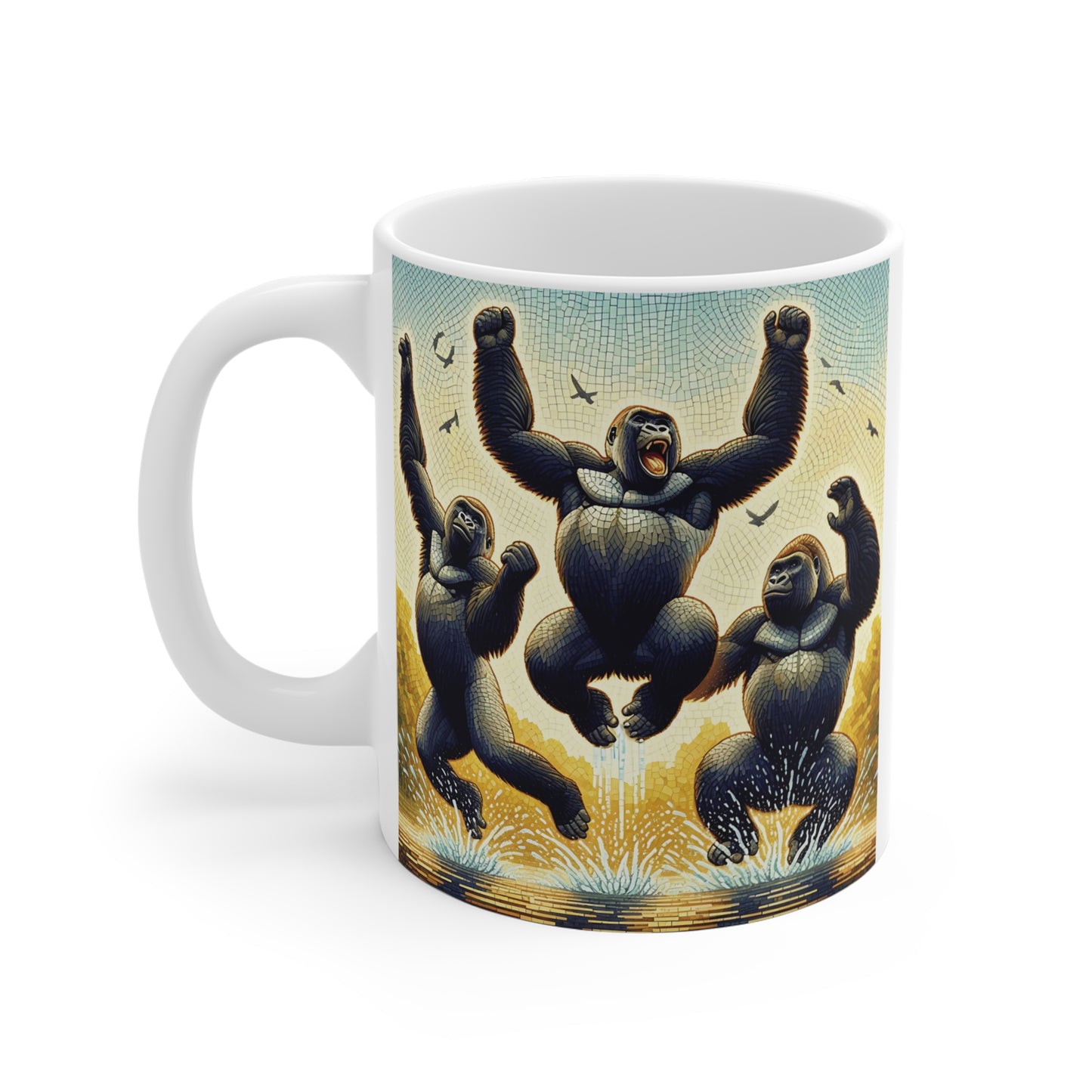 Decorative ape mosaic mug showing triumphant gorillas splashing through water with bold stained glass inspired artwork, perfect novelty coffee cup for gorilla fans

