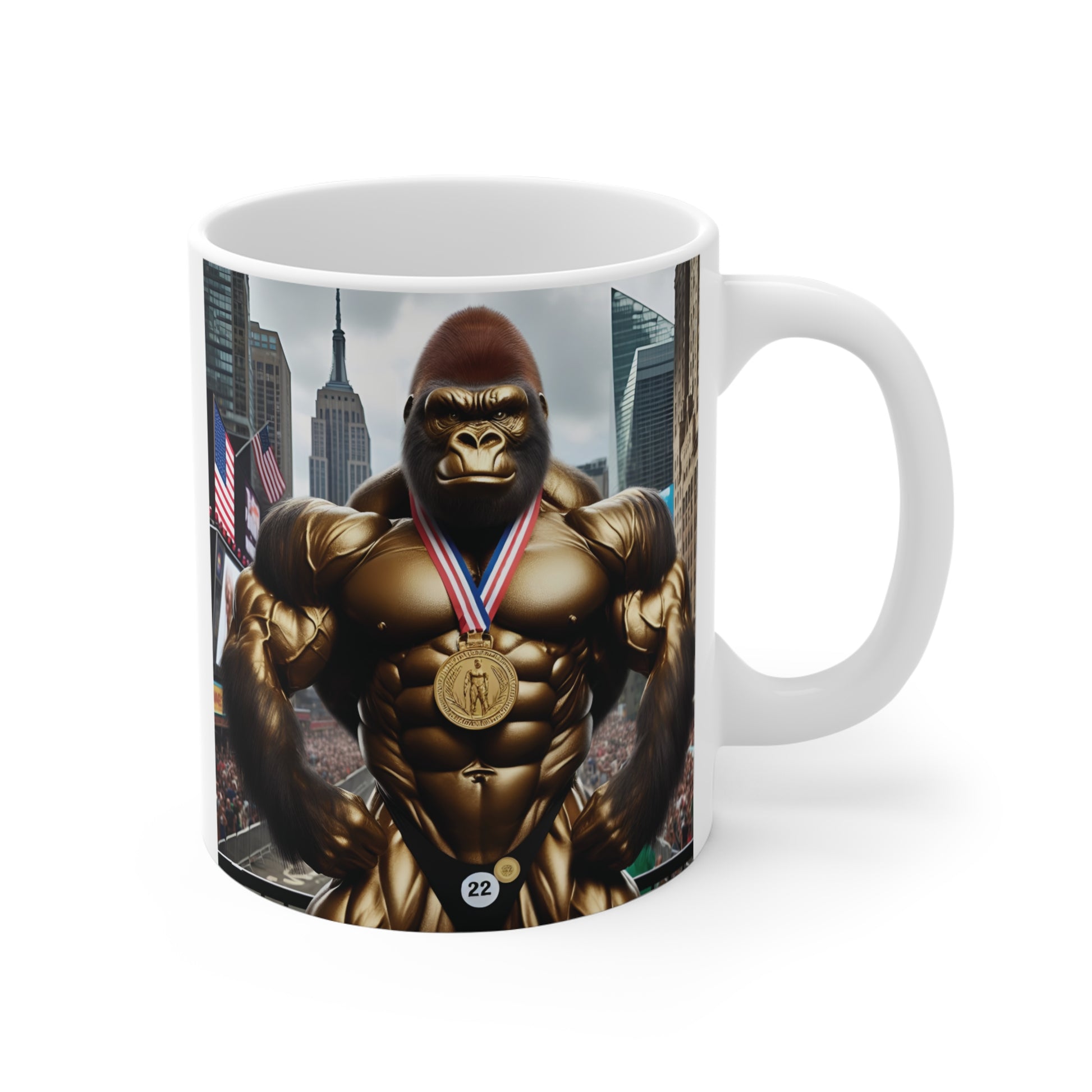 Bodybuilder gorilla 11oz coffee mug with gold medal, muscular ape artwork, and fitness champion design