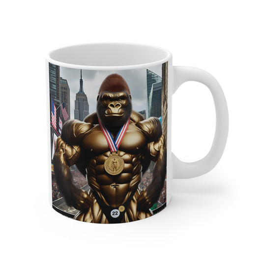 Bodybuilder gorilla 11oz coffee mug with gold medal, muscular ape artwork, and fitness champion design