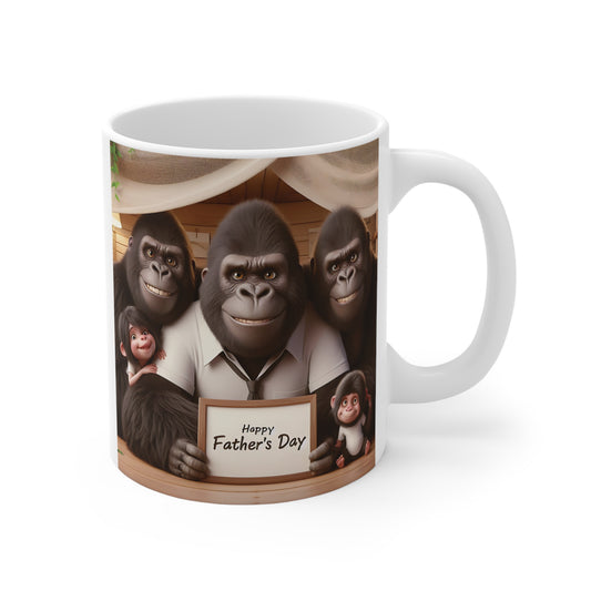 Happy Father’s Day mug with gorilla family illustration, cute dad and baby monkeys holding sign, heartwarming family gift design