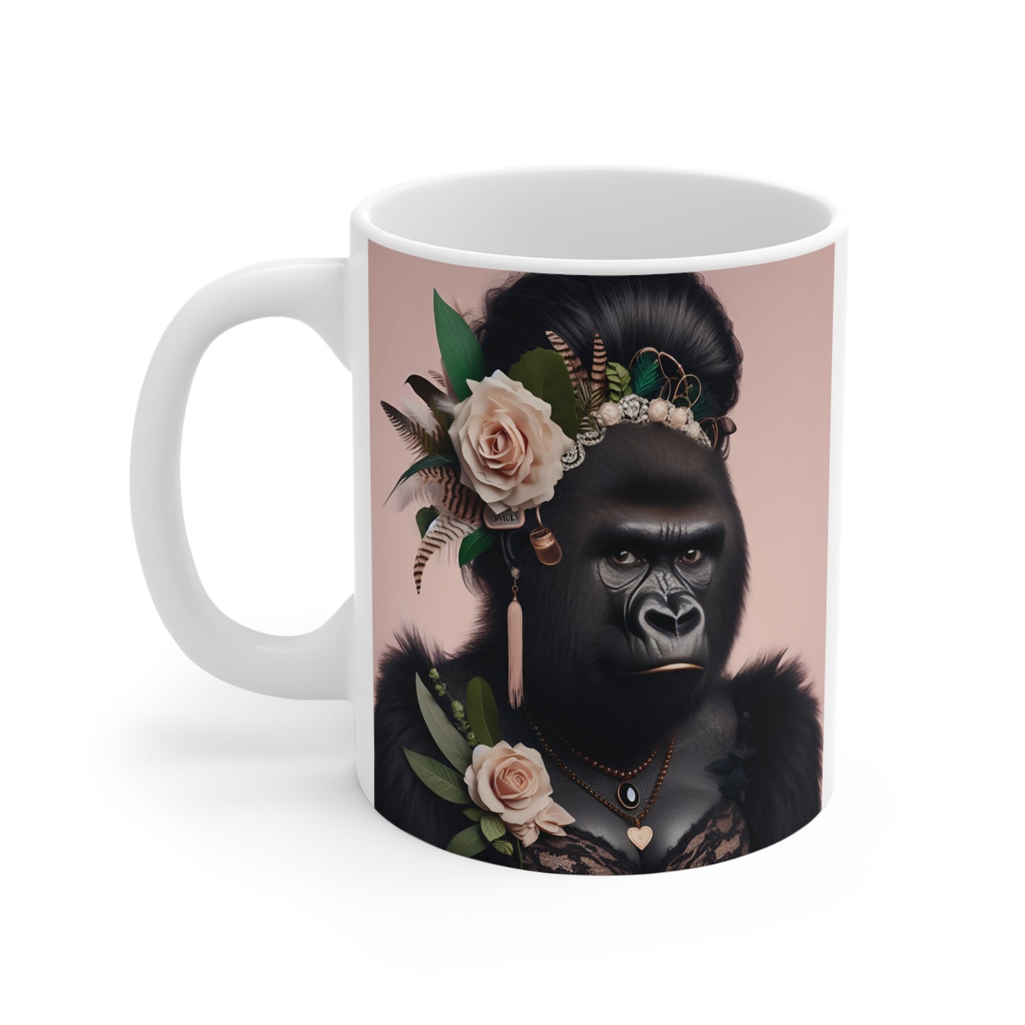 Stylized gorilla queen illustration on a coffee mug, adorned with cream roses, green foliage, elegant jewelry, and a refined feminine aesthetic against a blush pink backdrop.
