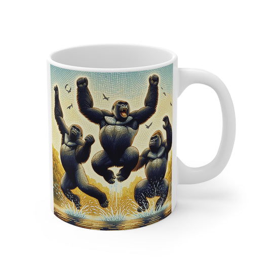 Mosaic art gorilla mug featuring three powerful gorillas jumping with raised arms in a vintage stained glass style on an 11oz ceramic coffee mug