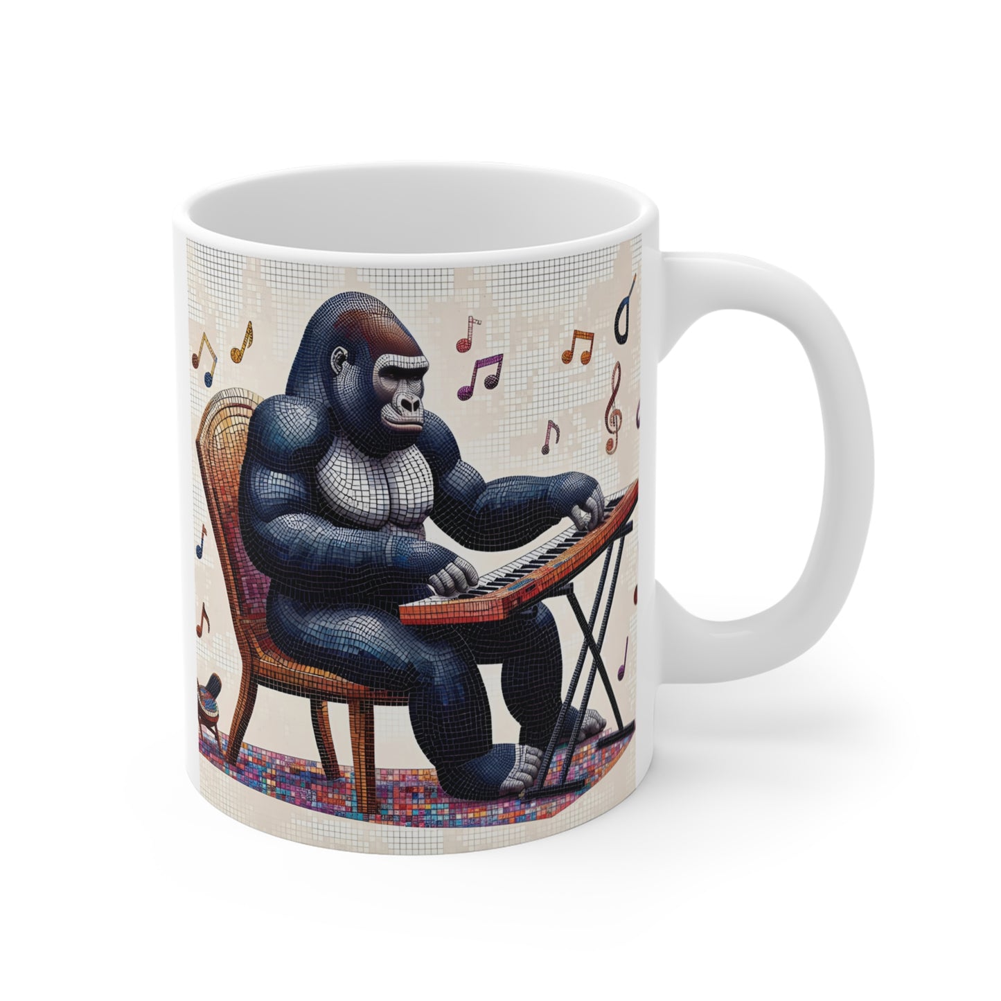 Mosaic gorilla playing keyboard mug with colorful music notes and artistic stained glass style ceramic coffee cup