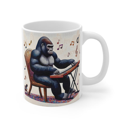 Mosaic gorilla playing keyboard mug with colorful music notes and artistic stained glass style ceramic coffee cup