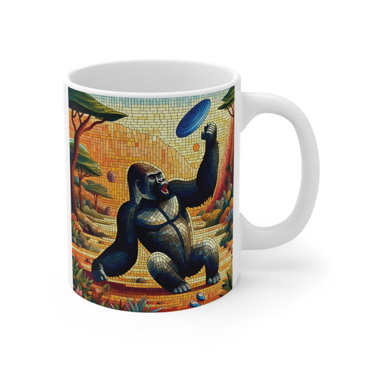 Mosaic style gorilla playing with flying disc on coffee mug, colorful artistic jungle scene design