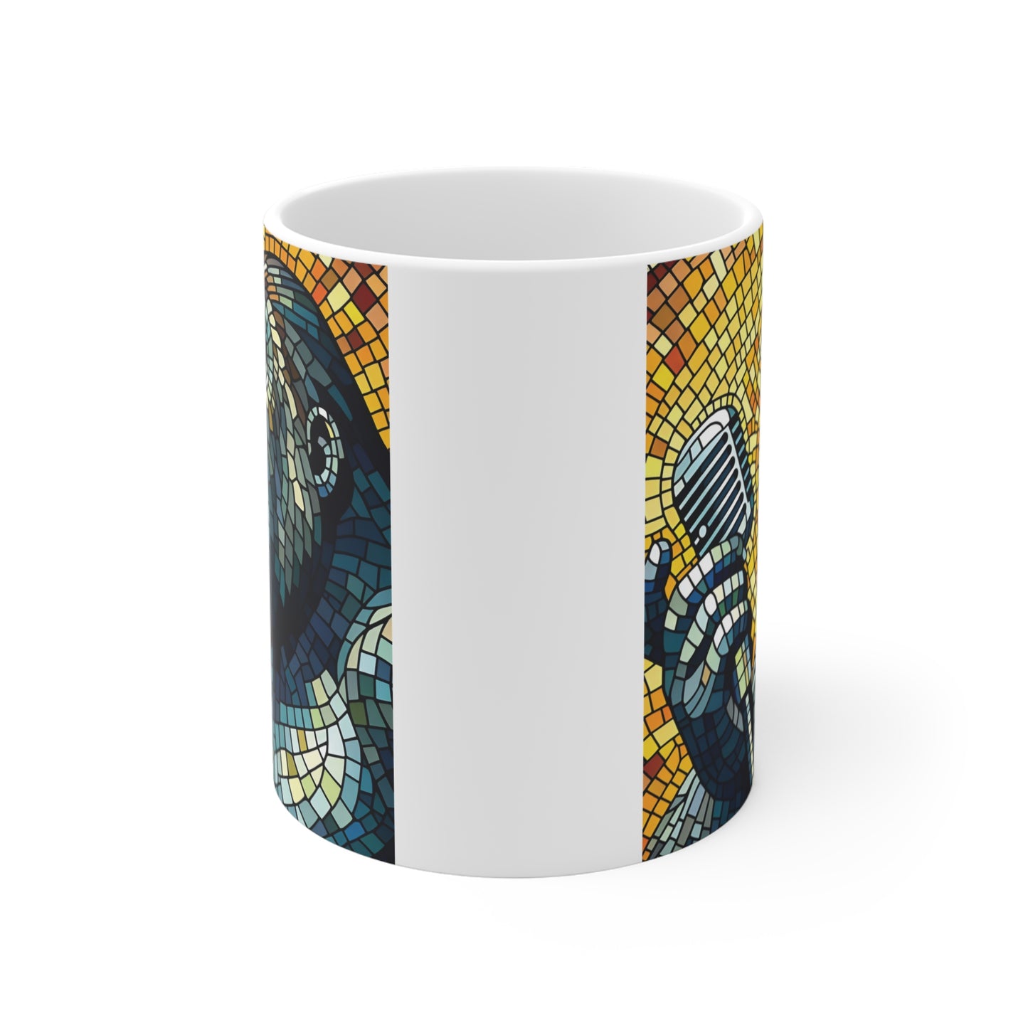 Artistic gorilla music mug with mosaic tile illustration of a singing ape and retro microphone, unique musician gift coffee cup for music lovers.