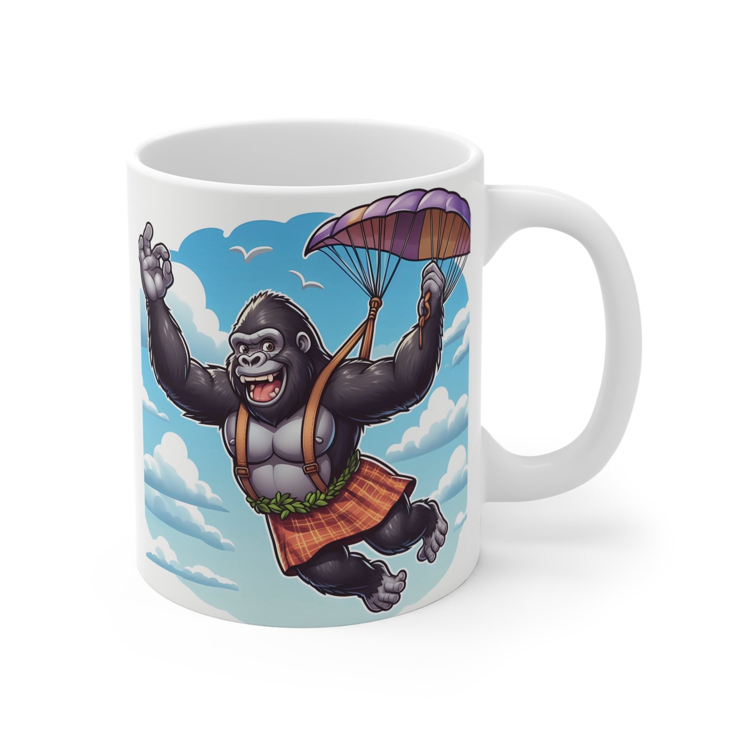 Funny gorilla parachuting mug design featuring a cartoon ape skydiving in a kilt against a blue sky background on an 11oz coffee mug.