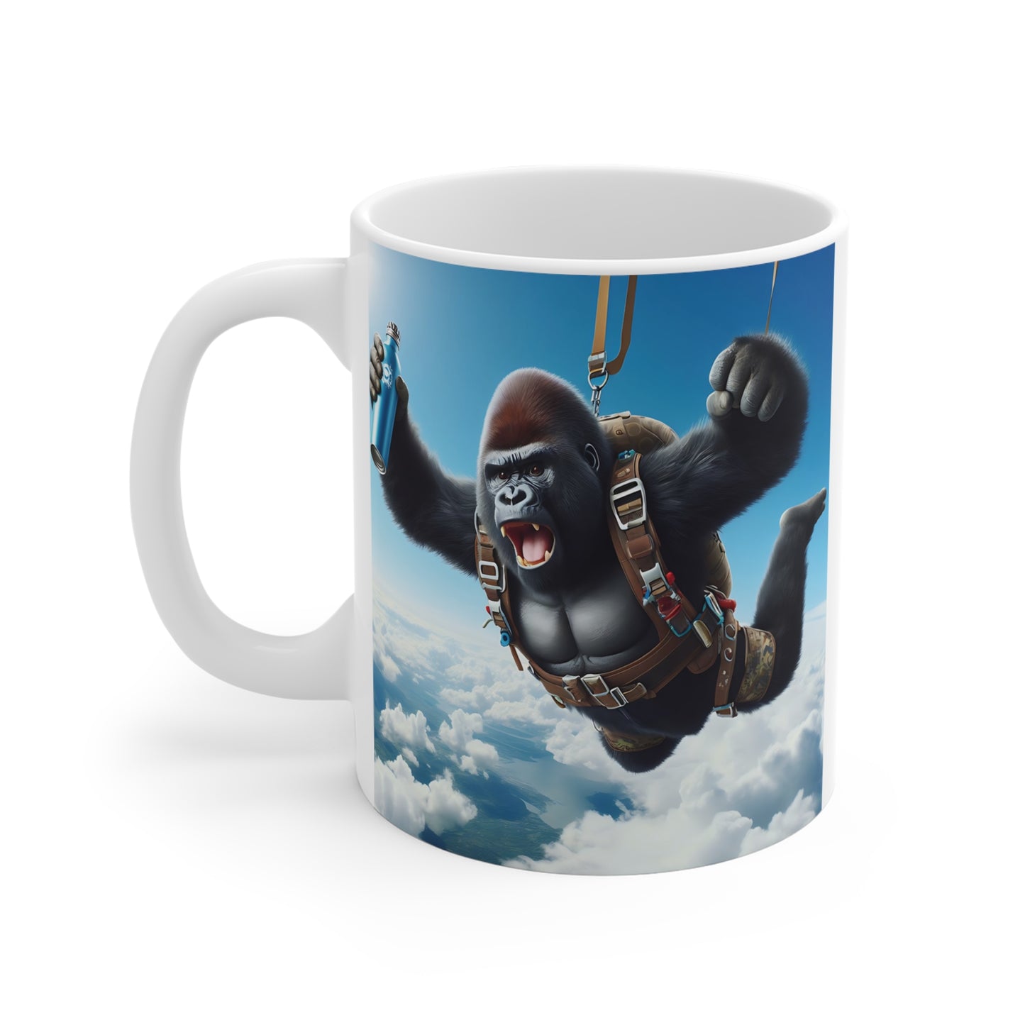 Adventure-themed gorilla mug showing powerful ape freefall skydiving with parachute gear and clouds, perfect for coffee enthusiasts.