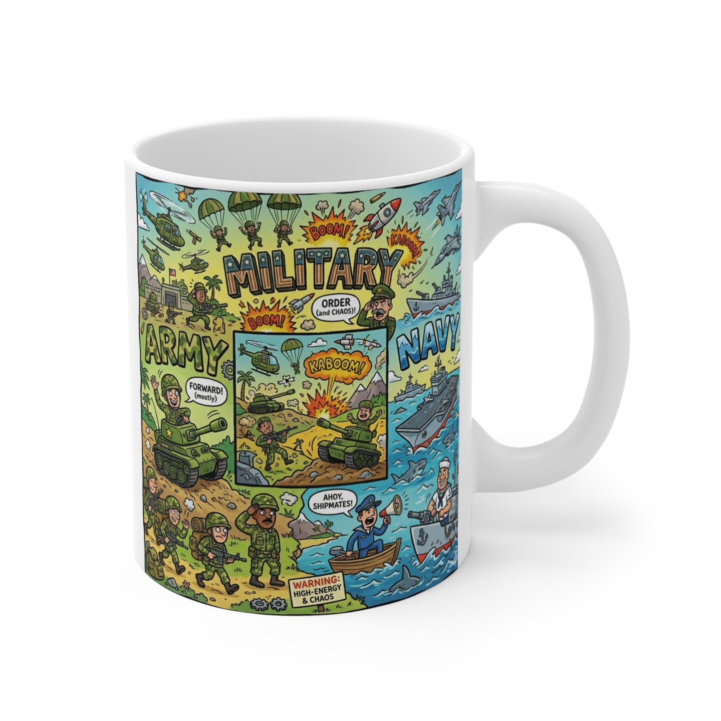 Funny military cartoon mug 11oz with  army and navy design, humorous soldier illustration coffee cup