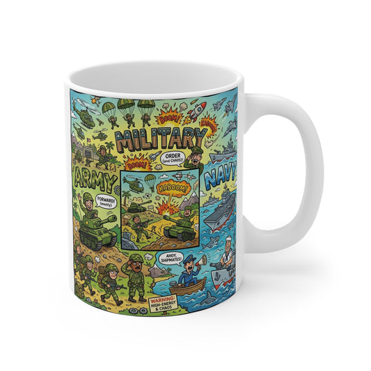 Funny military cartoon mug 11oz with  army and navy design, humorous soldier illustration coffee cup