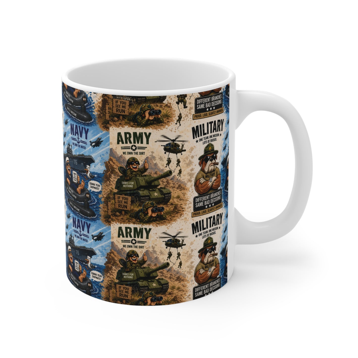 Patriotic wrap around coffee mug featuring army and navy theme, humorous soldier illustration, perfect veteran gift cup