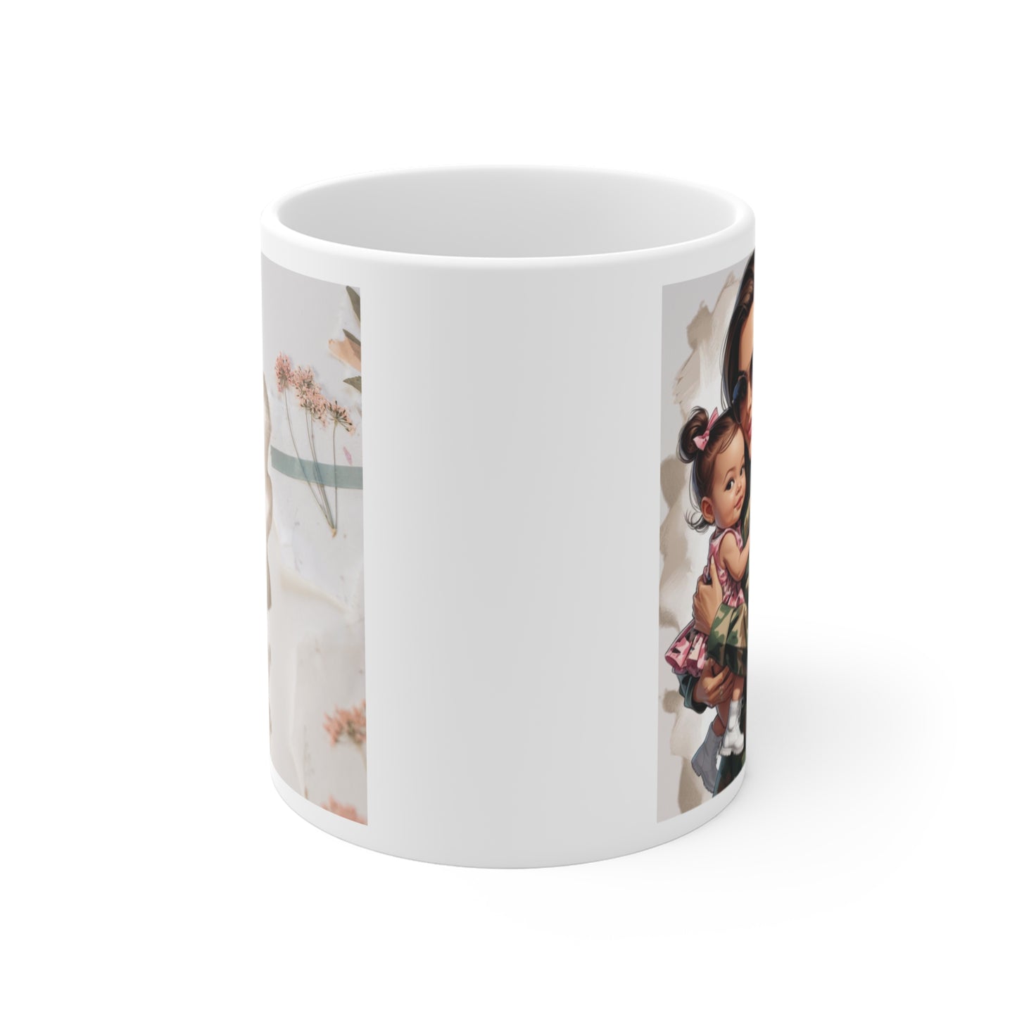 Army mom 11oz ceramic mug featuring mother and child, meaningful military family gift