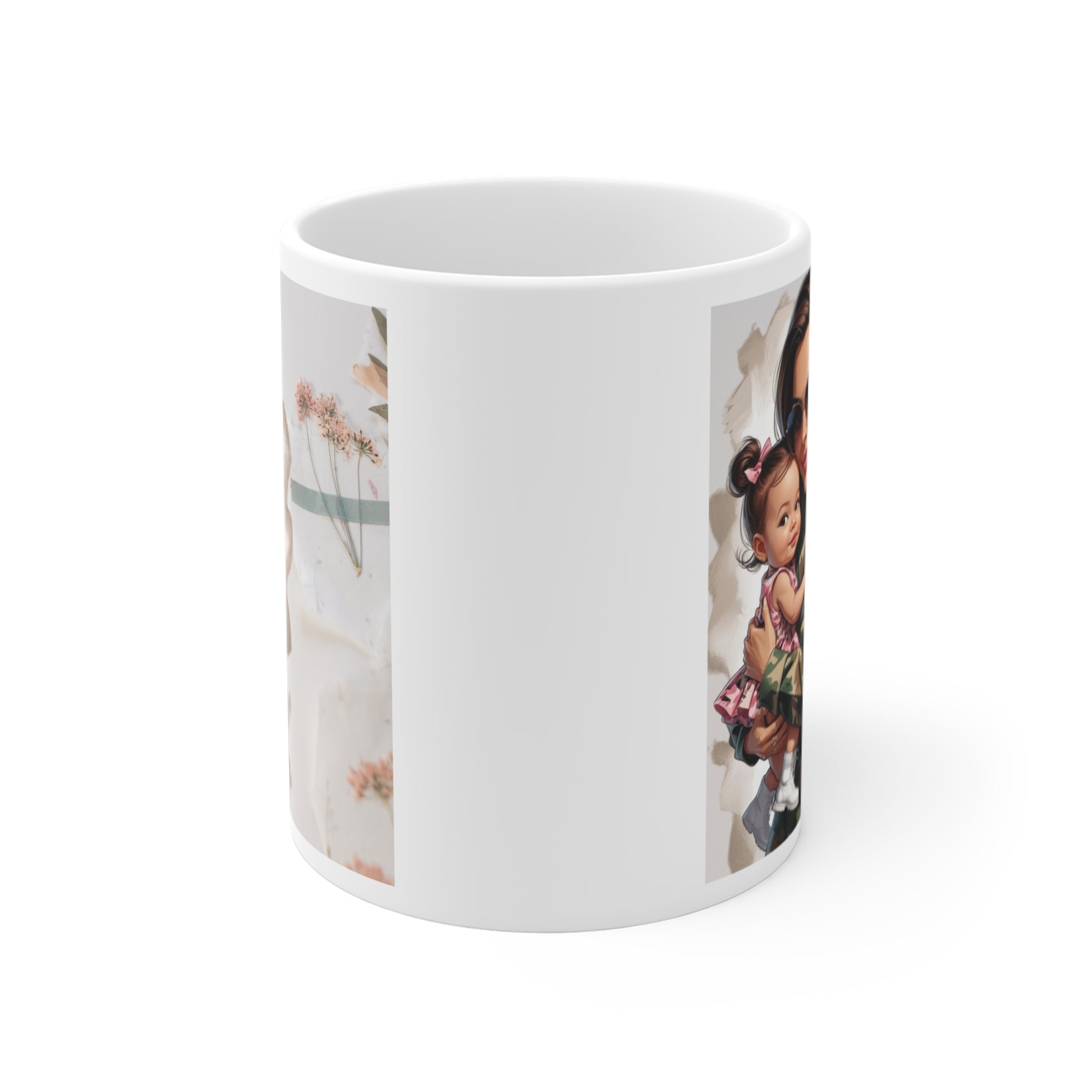 Army mom 11oz ceramic mug featuring mother and child, meaningful military family gift
