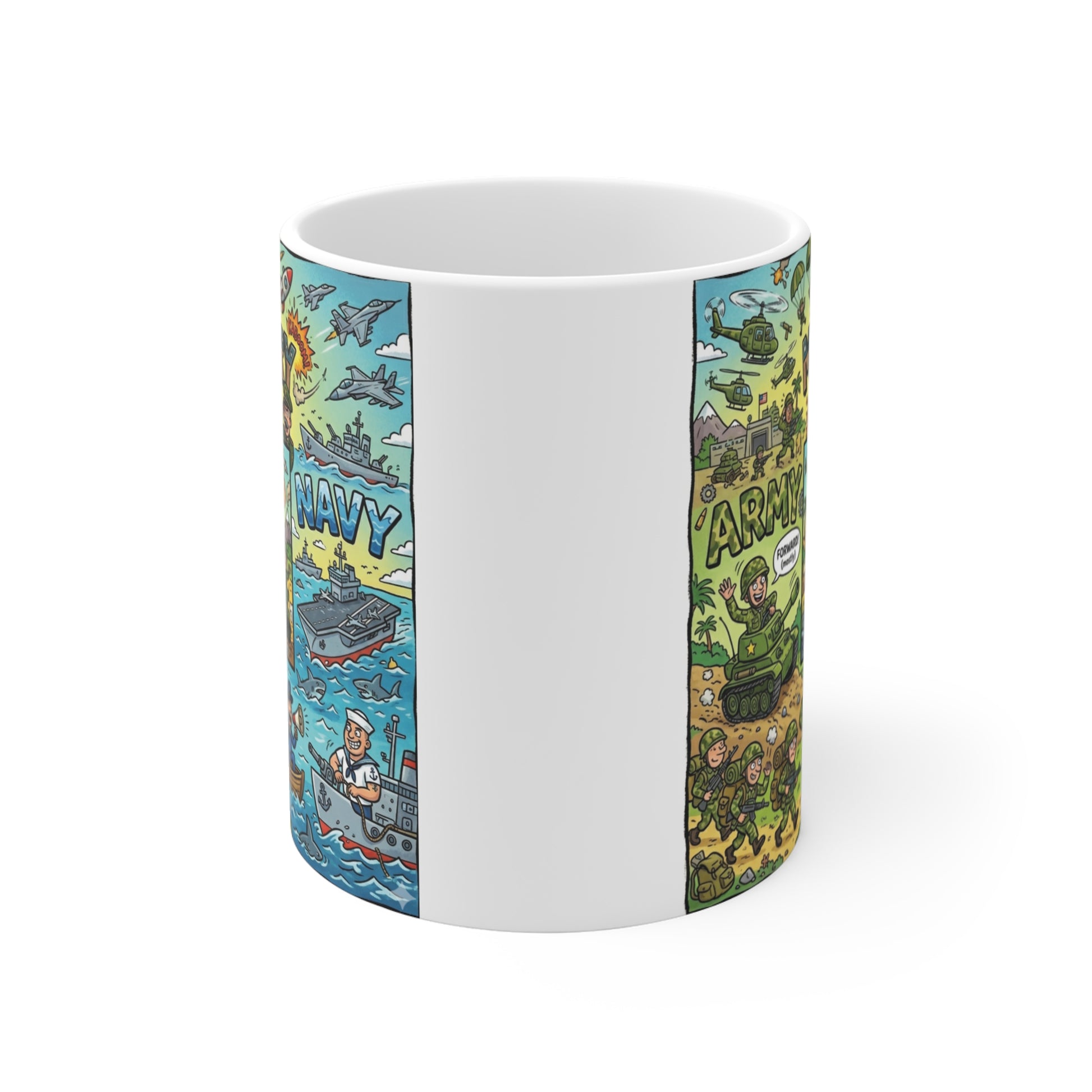 Military themed coffee mug featuring colorful cartoon army and navy scenes, patriotic funny gift for veterans