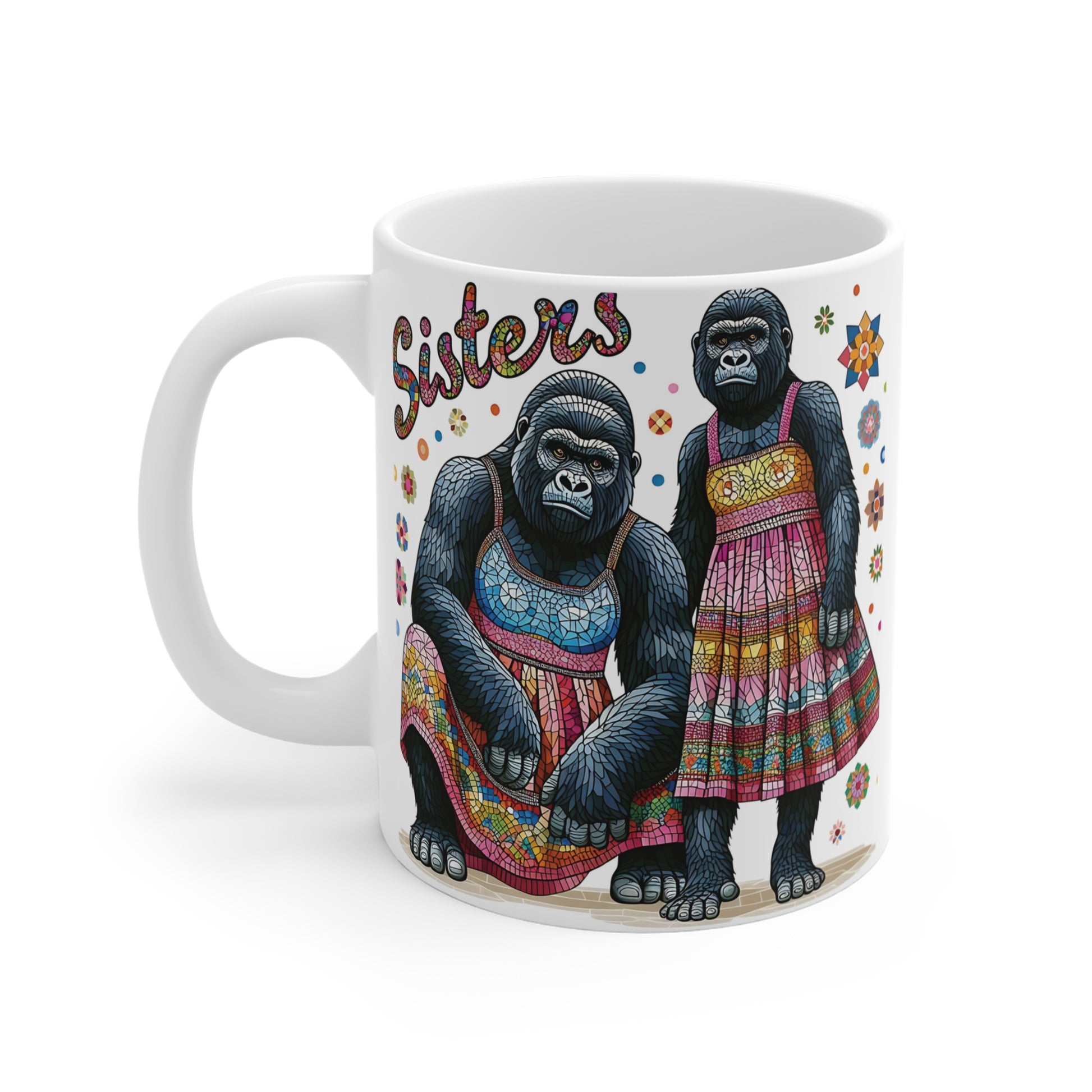 Artistic gorilla sisters mug with colorful patchwork dresses and whimsical mosaic illustration, perfect for funny family-themed gifts and decorative drinkware.