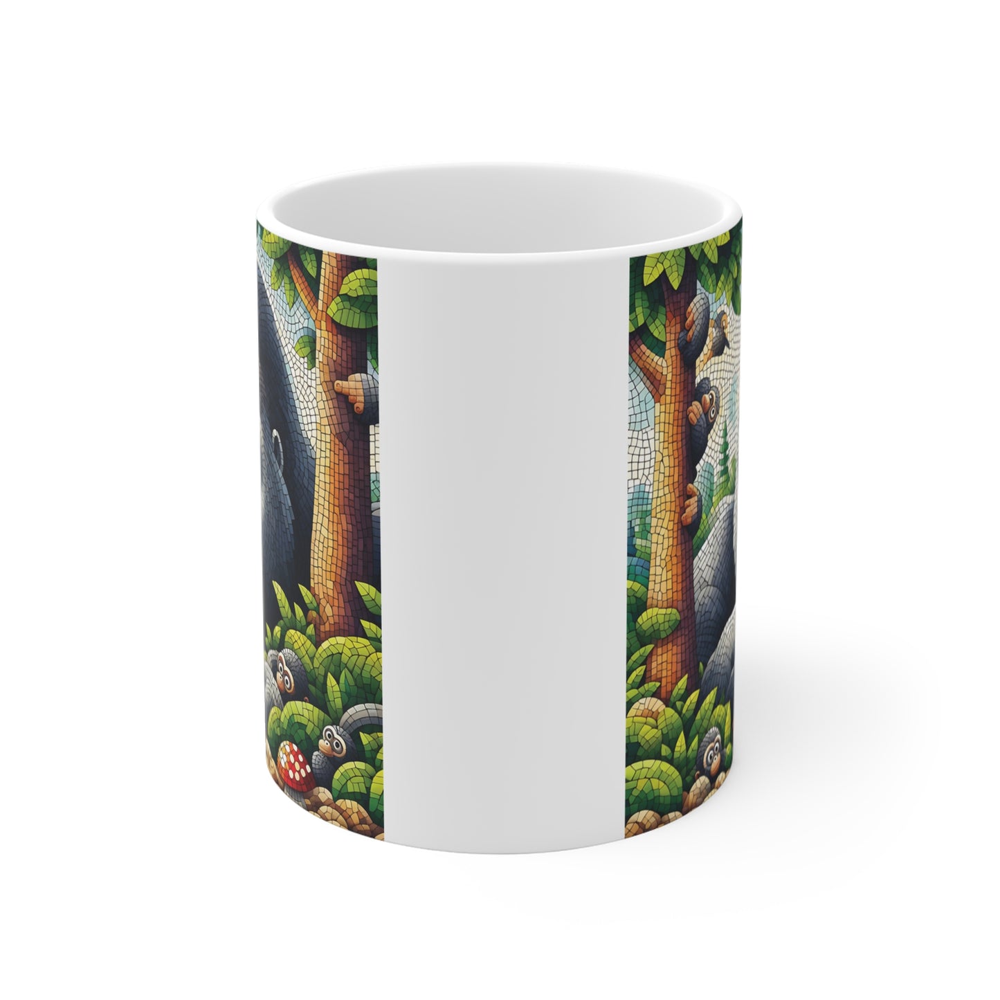 Artistic gorilla mug with detailed mosaic jungle illustration, wildlife theme, and cute monkey accents perfect for animal lovers and unique gifts.