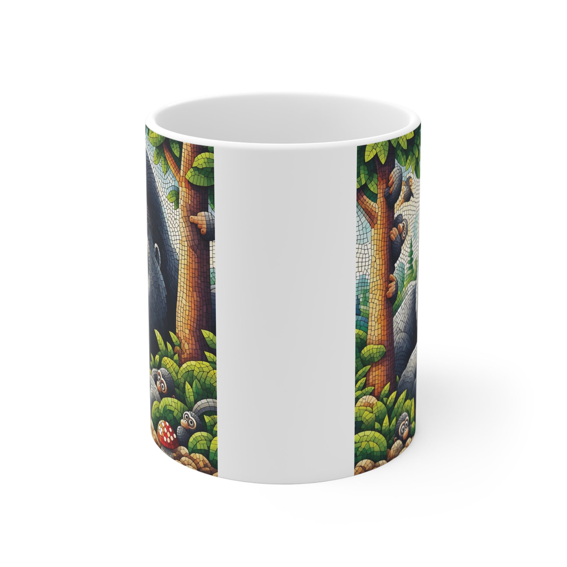 Artistic gorilla mug with detailed mosaic jungle illustration, wildlife theme, and cute monkey accents perfect for animal lovers and unique gifts.