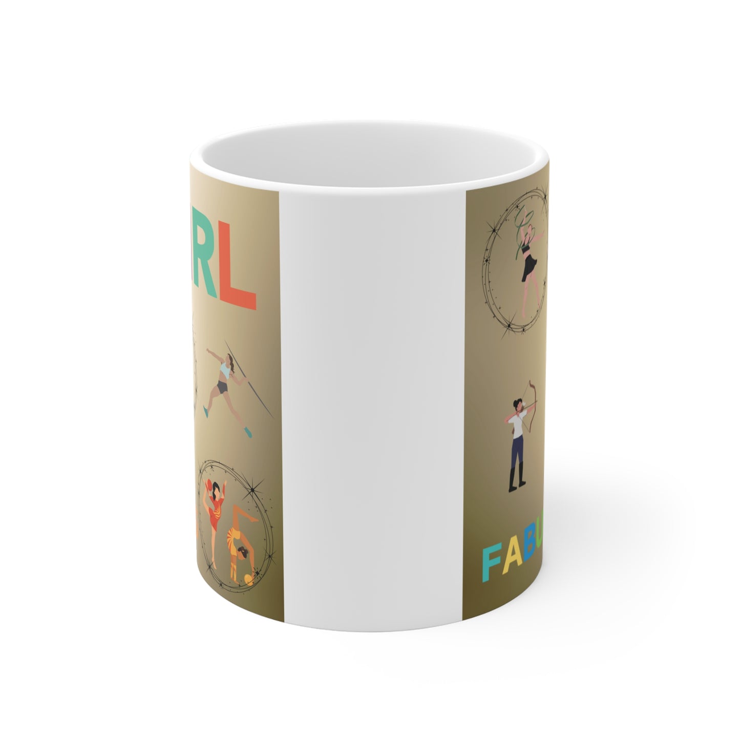 Empowering girls sports coffee mug featuring colorful ‘Girl Fabulous’ text and women athletes in various sports design