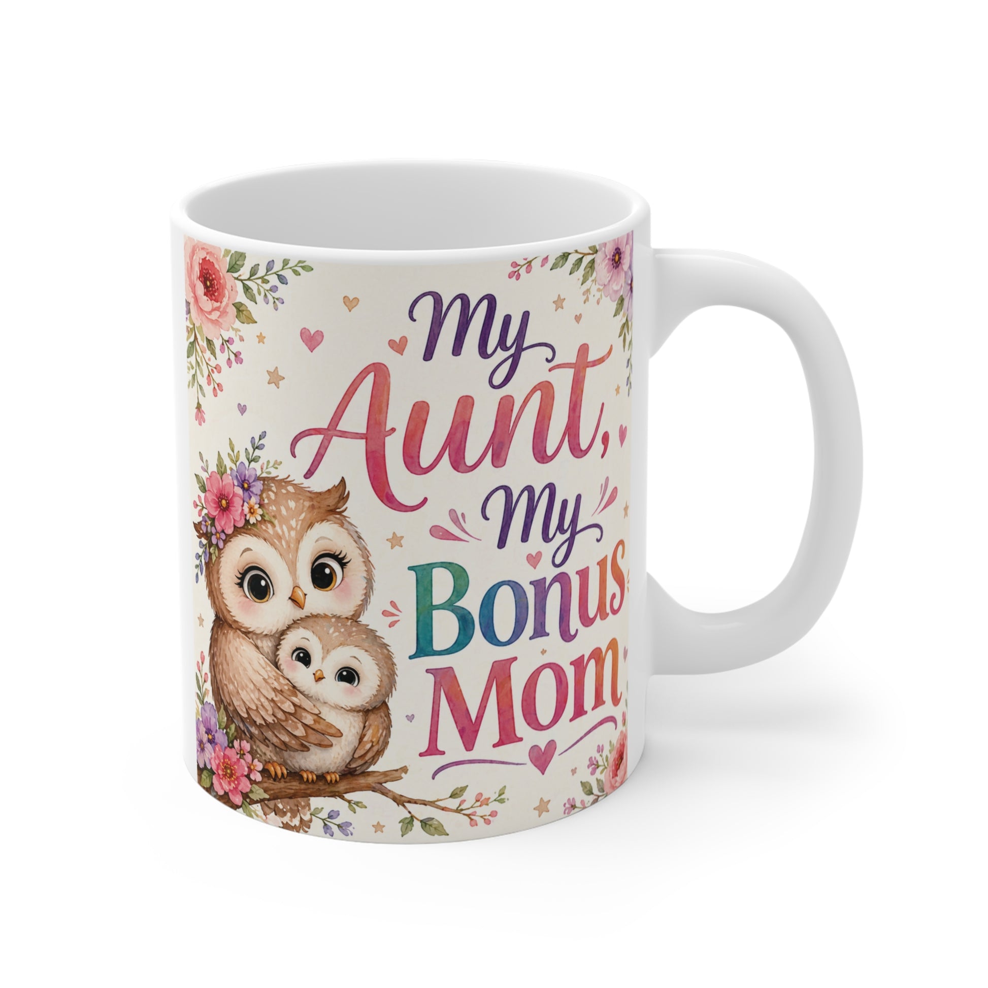 My Aunt My Bonus Mom mug with cute owl illustration and floral design, 11oz ceramic aunt gift for birthday or Mother’s Day
