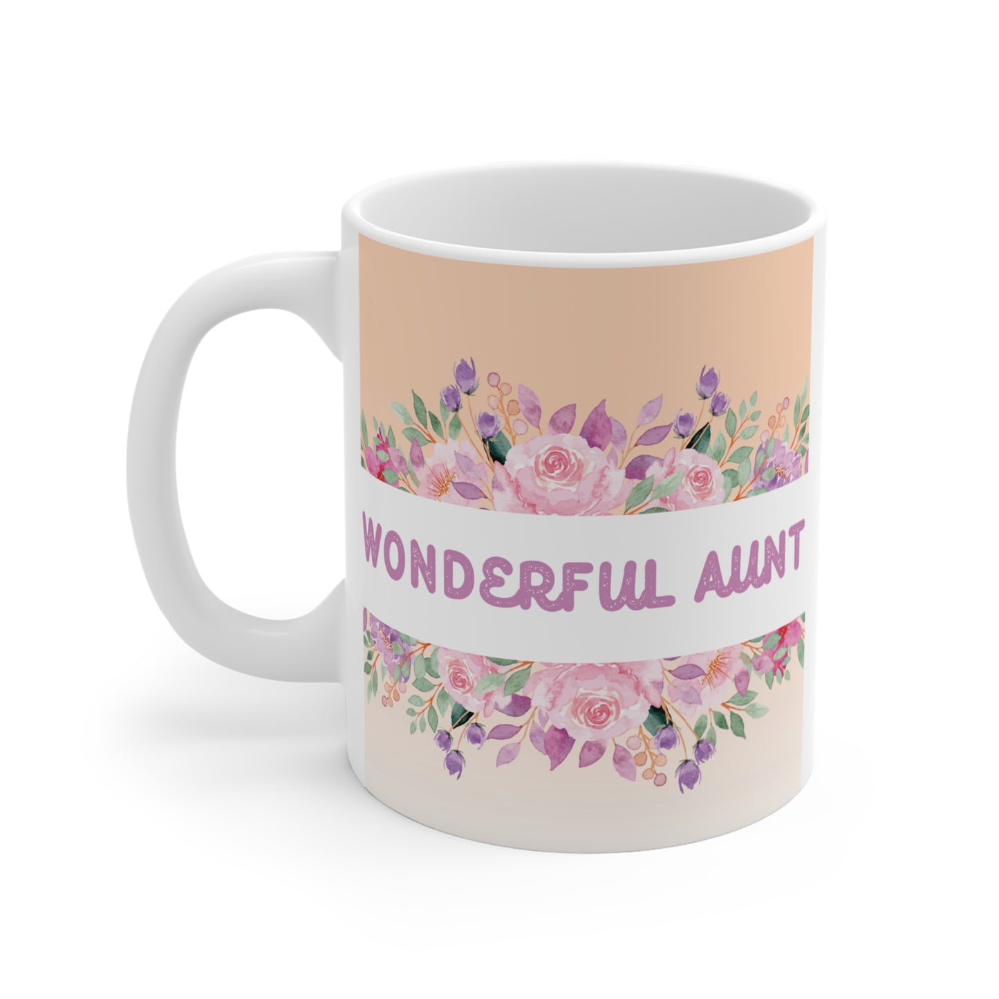11oz ceramic Wonderful Aunt mug with soft pastel floral wreath design, perfect for aunt birthday and Mother’s Day gifts