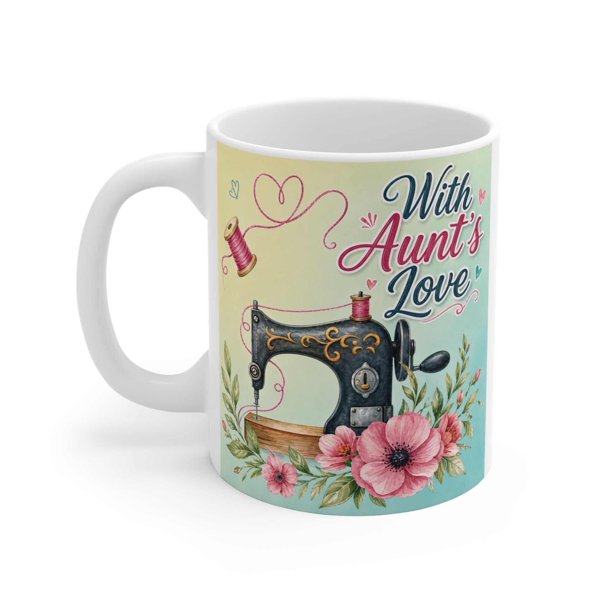floral sewing mug for craft lover aunt, 11oz ceramic cup with pastel background