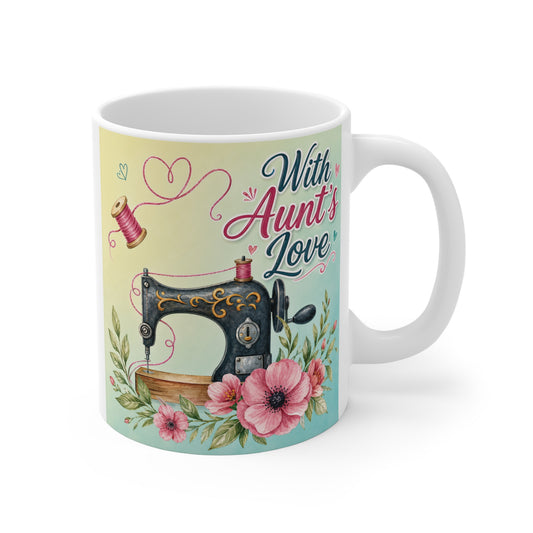 11oz ceramic mug with vintage sewing machine and floral design, With Aunt’s Love text