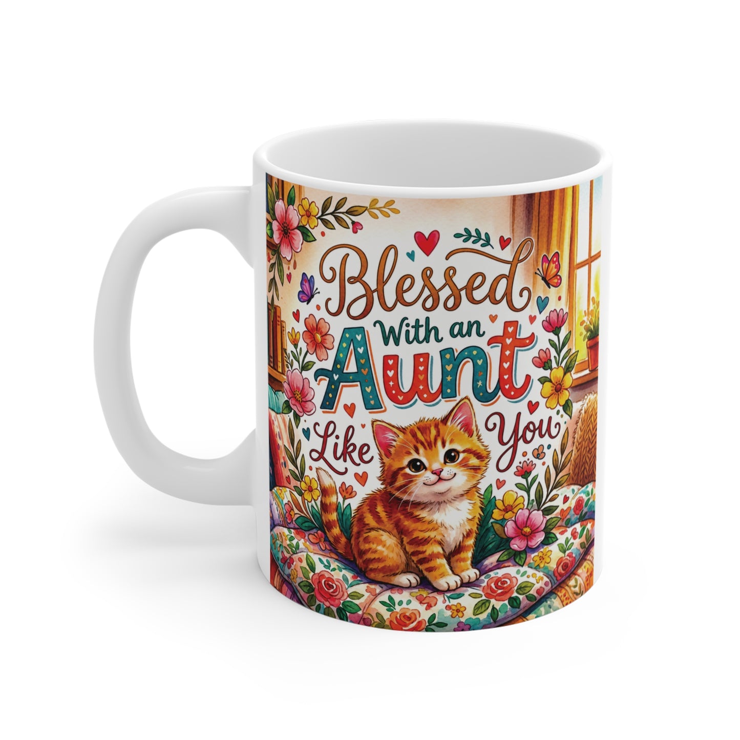 Adorable orange kitten aunt mug with flowers and cozy design, 11oz coffee cup for cat lovers and aunt appreciation