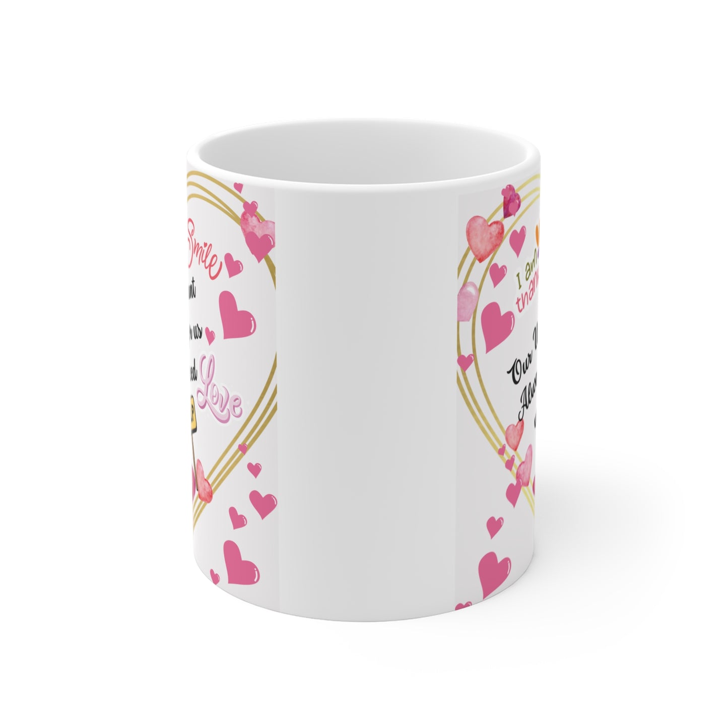 White coffee mug with heartfelt quote for uncle and aunt, decorative pink hearts and gratitude message gift idea