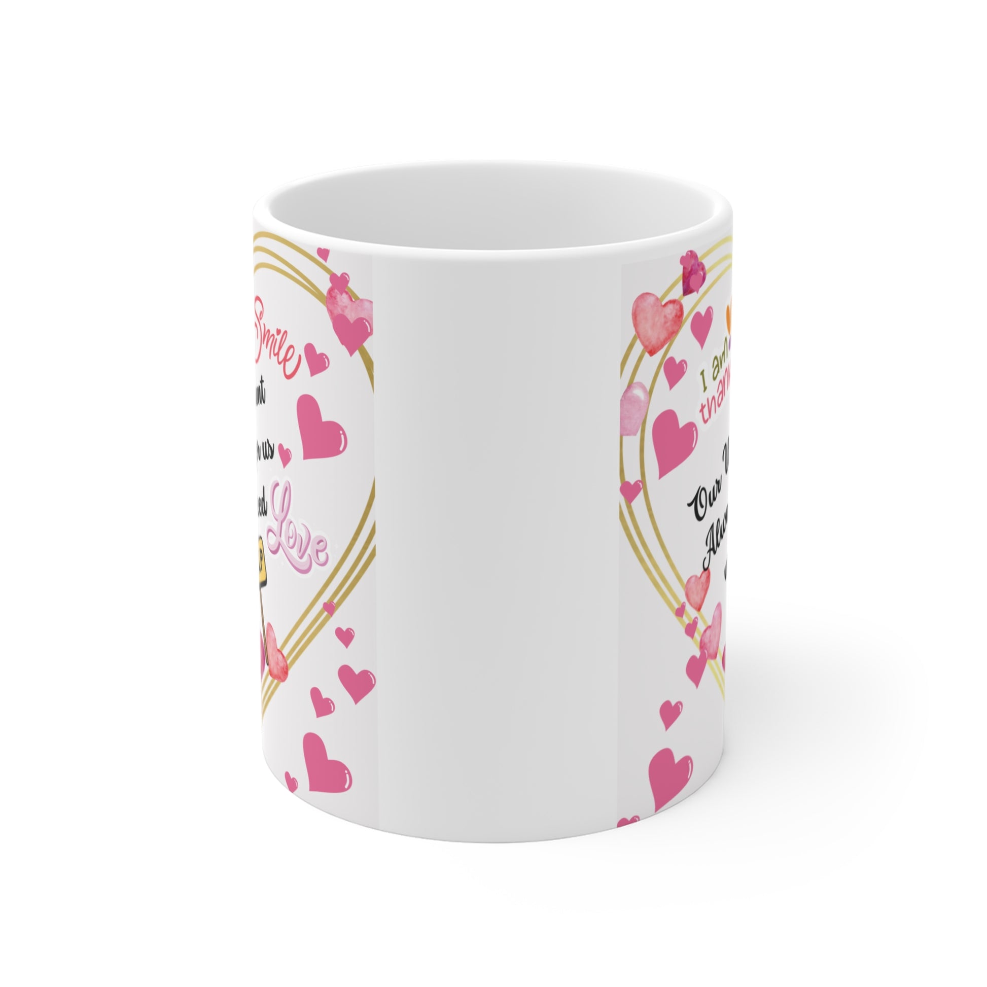 White coffee mug with heartfelt quote for uncle and aunt, decorative pink hearts and gratitude message gift idea