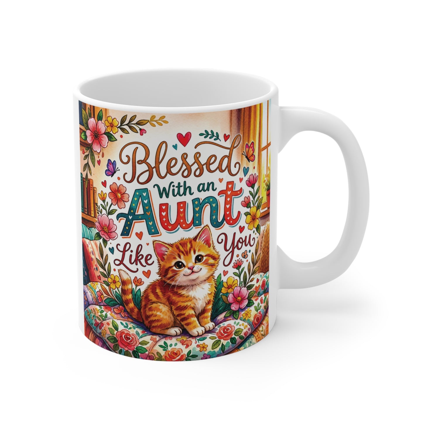 Cute kitten floral mug with “Blessed With an Aunt Like You” text, 11oz ceramic coffee mug gift for aunt