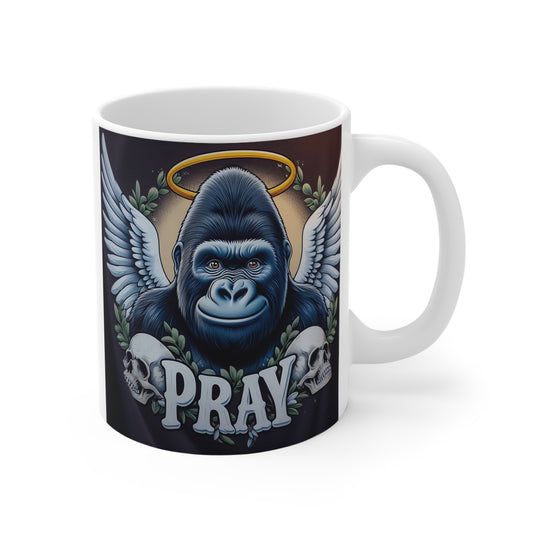 Angel gorilla prayer mug with halo, wings, skull art, and gothic fantasy coffee cup design