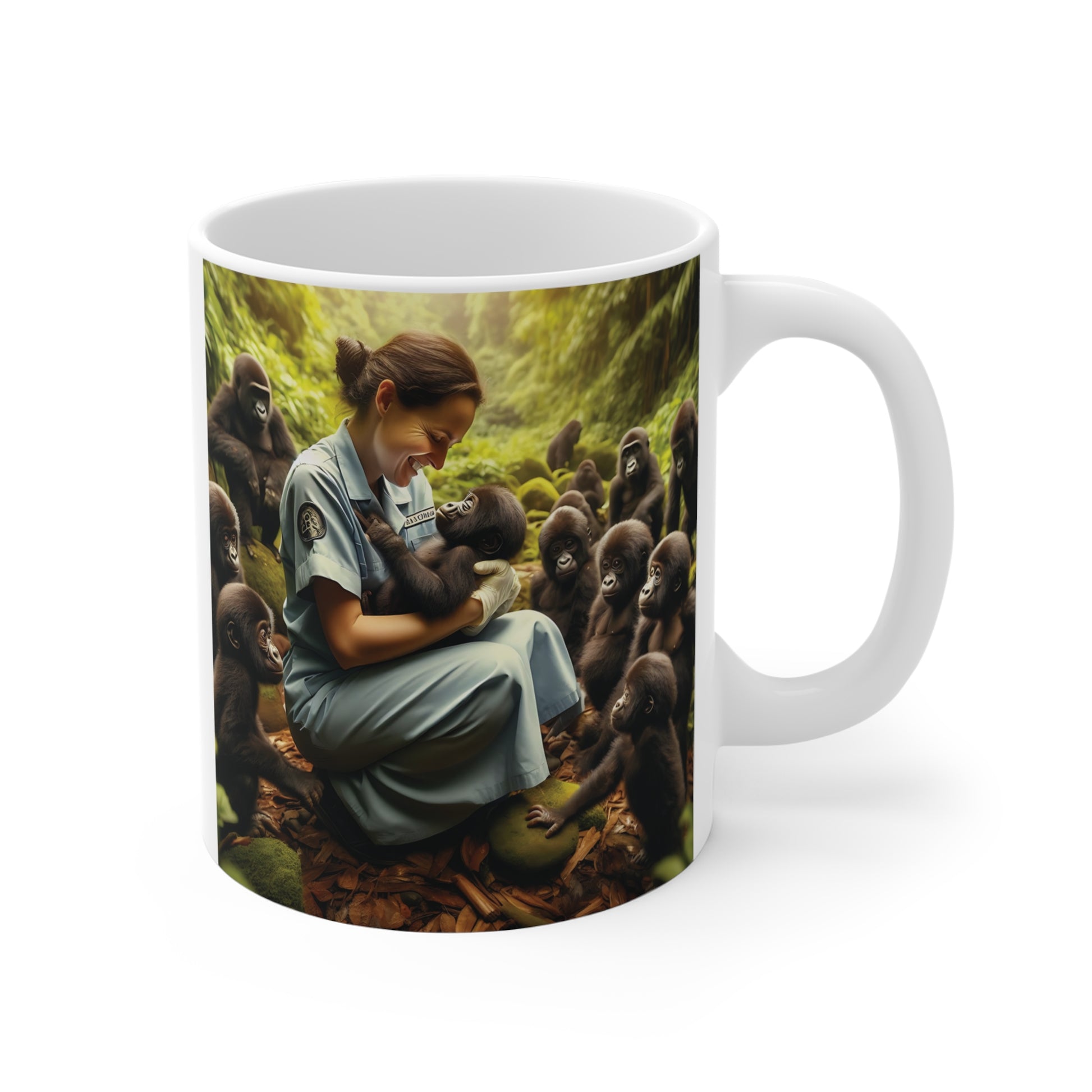 White ceramic mug featuring a caring wildlife nurse holding a baby gorilla while surrounded by young gorillas in a lush rainforest setting.