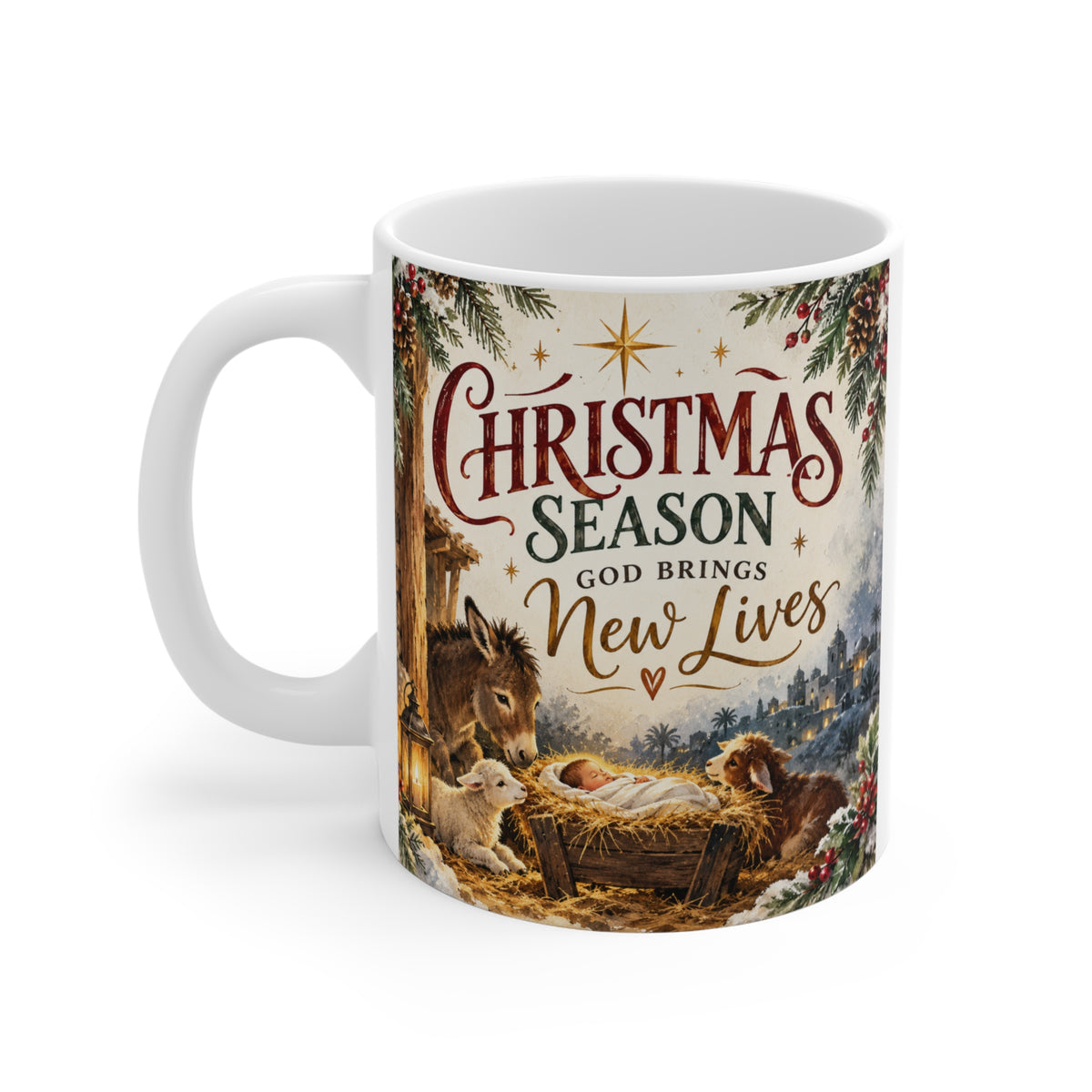 Baby Jesus Christmas mug featuring a watercolor Nativity scene, manger, Christmas star and Christian faith-inspired artwork