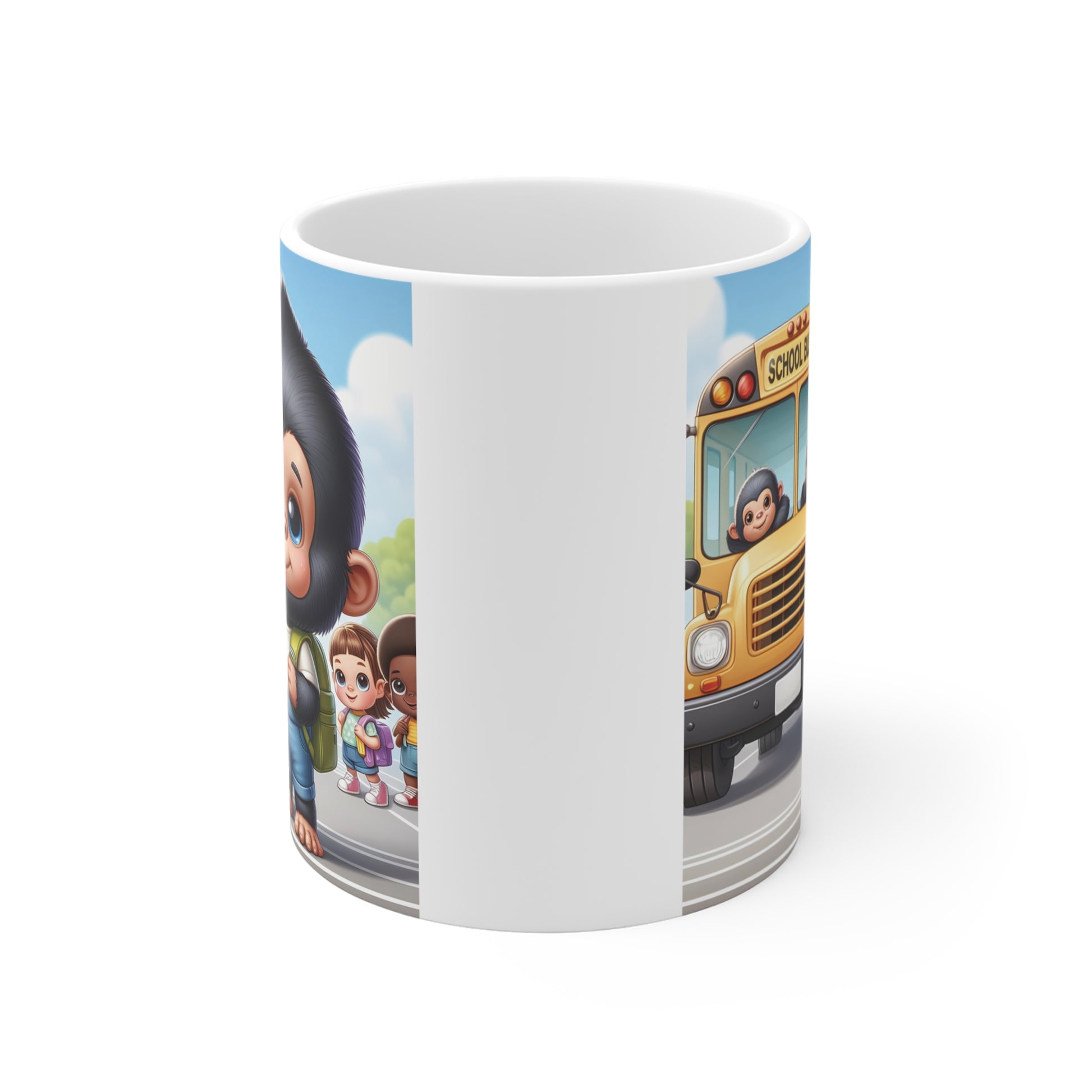 Cute baby gorilla dressed as a student with a school backpack beside a school bus, creating a fun back-to-school mug design.