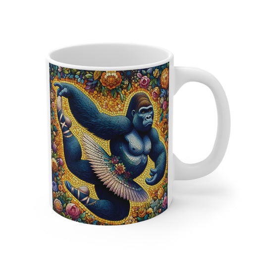 Funny ballerina gorilla mug with floral mosaic art, unique dancing gorilla coffee cup for ballet and animal lovers