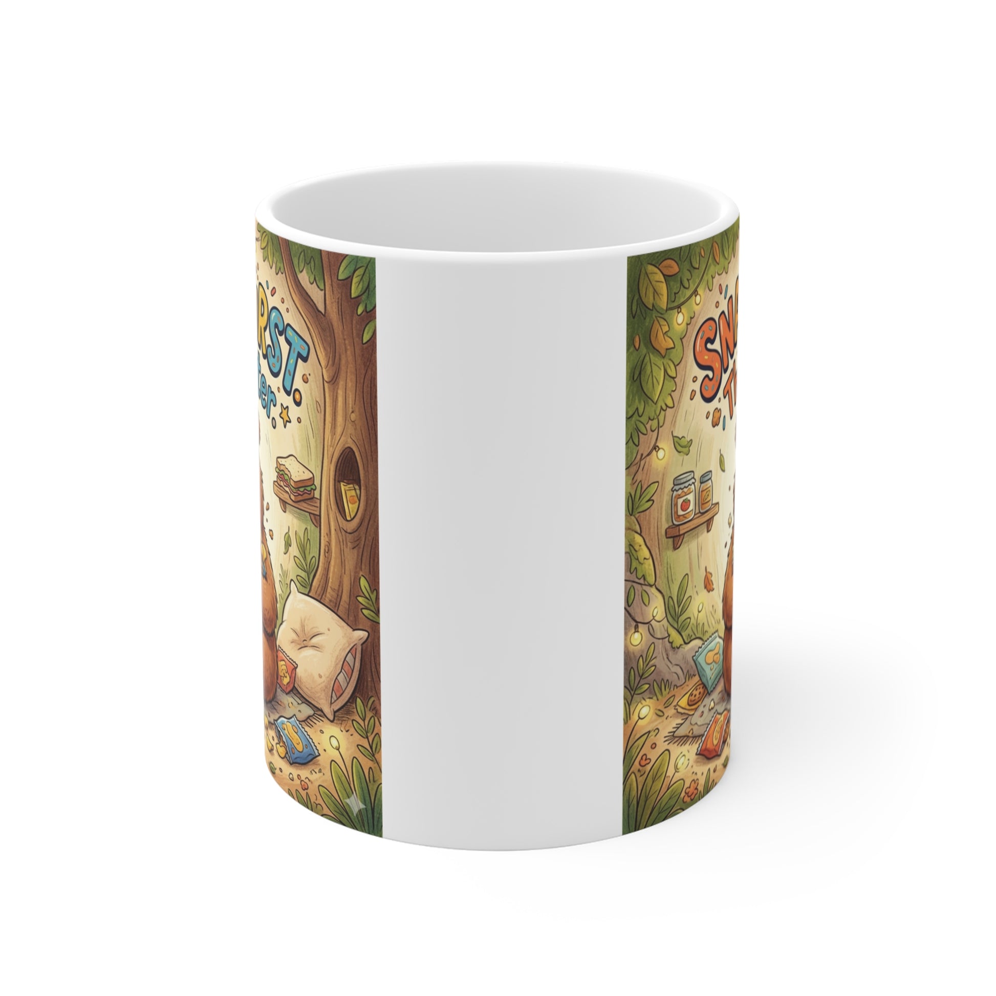 Funny snack lover coffee mug with adorable bear illustration and cozy pastel aesthetic