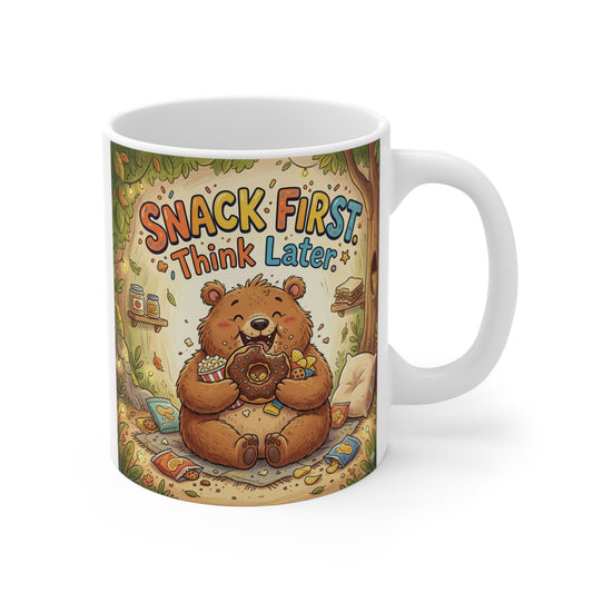 Cute cartoon bear holding donuts on funny “Snack First Think Later” 11oz ceramic coffee mug