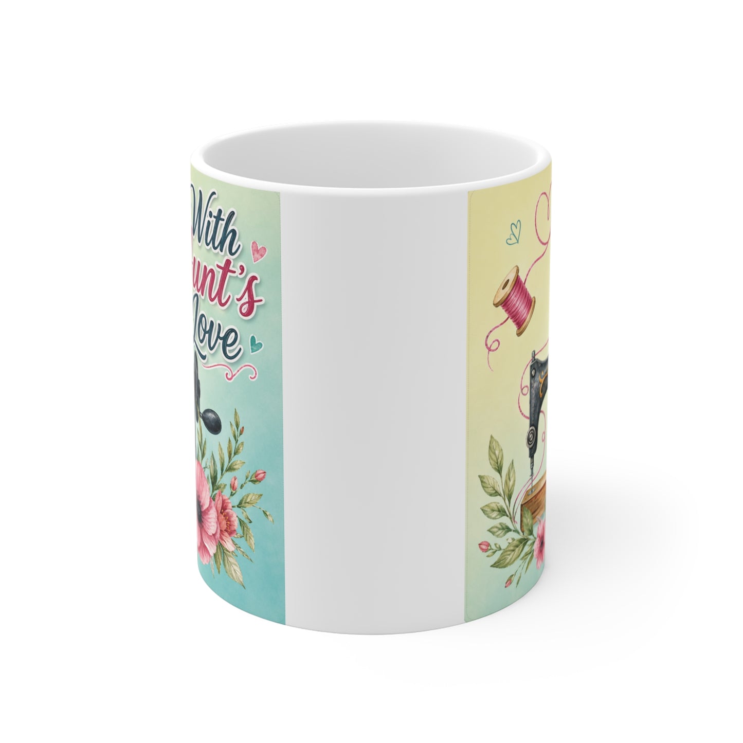 cute sewing themed coffee mug gift for aunt with flowers and sewing machine illustration