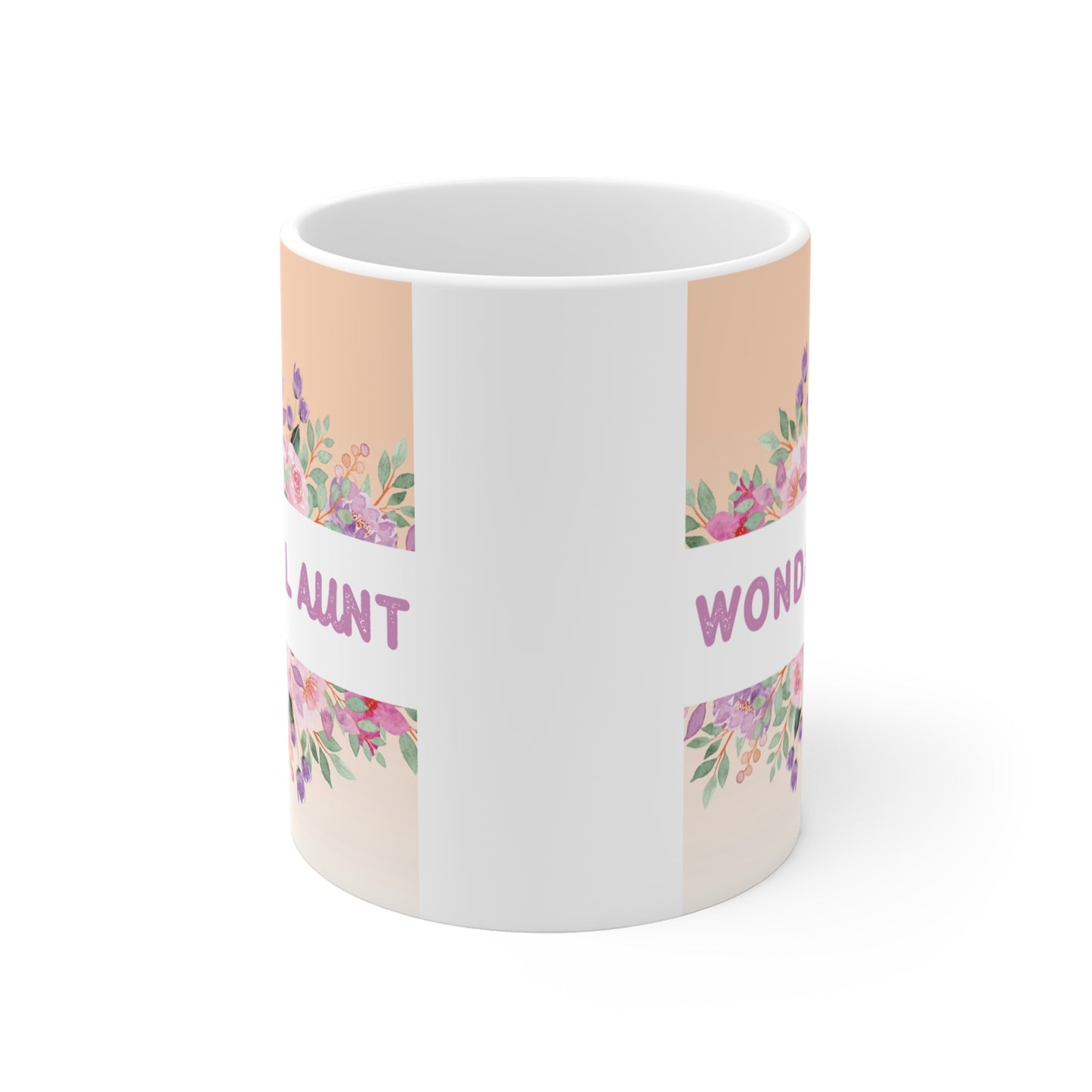 Cute floral aunt gift mug featuring colorful watercolor flower design and Wonderful Aunt text for coffee and tea lovers
