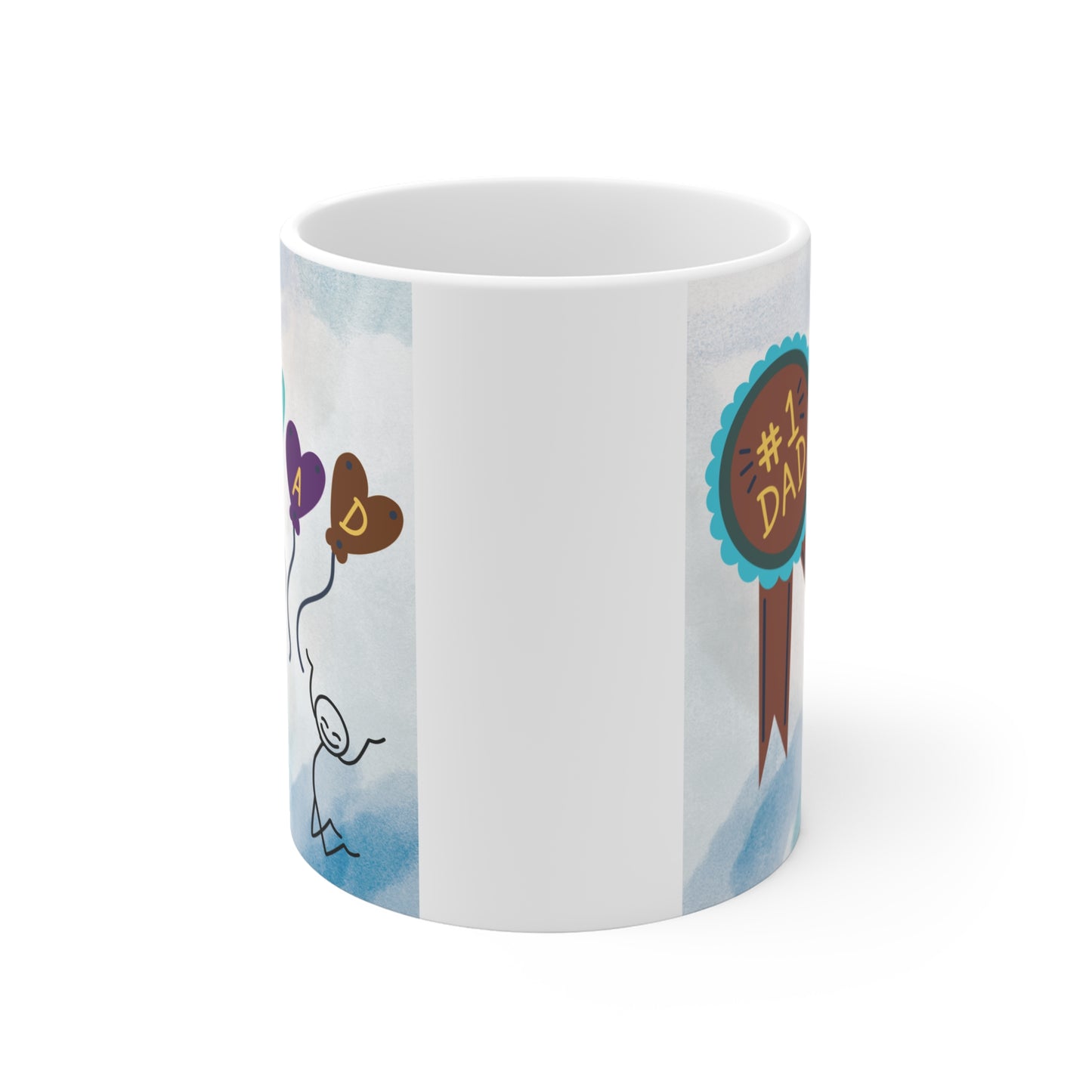 Father’s Day mug design with number one dad badge, heart shaped balloons and simple cartoon child drawing