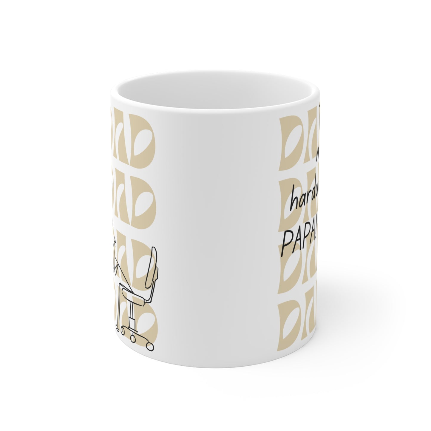 Humorous papa coffee mug featuring tired dad illustration and ‘This is my hardworking papa’ text design