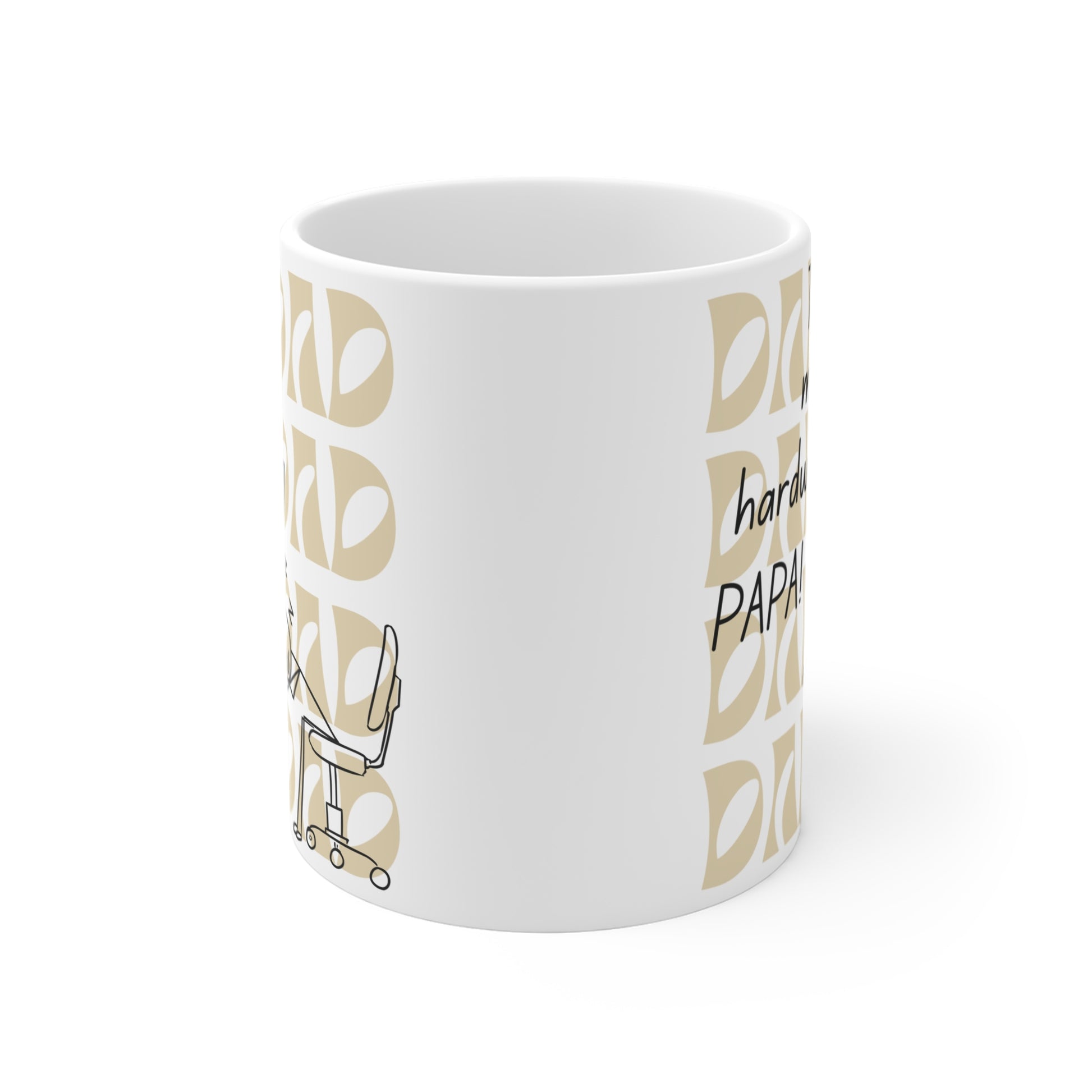 Humorous papa coffee mug featuring tired dad illustration and ‘This is my hardworking papa’ text design
