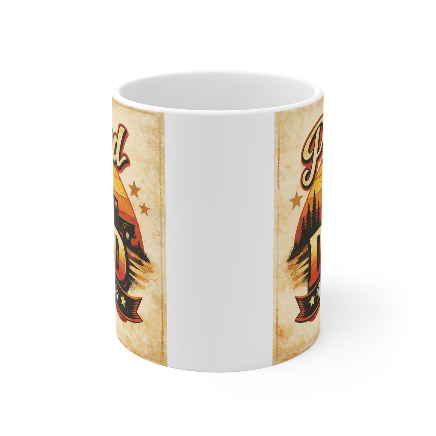 Retro style dad mug with Proud Dad text and rustic outdoor design, ideal gift for new dad husband or dad birthday