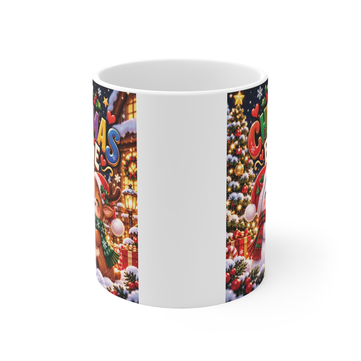 White ceramic 11oz Christmas mug with colorful snowman and reindeer artwork, festive holiday decorations, and To My Christmas Bestie message.